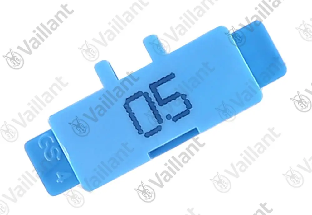 Vaillant Brücke in blauer Farbe mit der Kennzeichnung „0.5“ auf der Oberfläche, rechteckige Form mit seitlichen Klemmen.